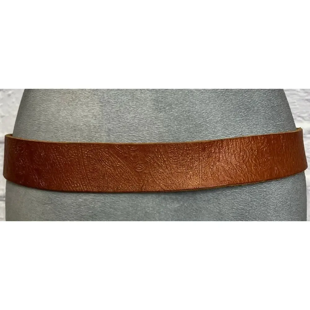 Boho Fossil Tooled Leather Belt with Bedazzled Medallion Style Buckle